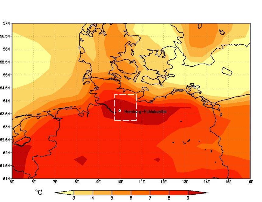 Möglichen Erhöhungen der maximalen Sommertemperatur bis Ende des Jahrhunderts (2070 bis 2100) verglichen zu 1961-1990. Der Klimarechnung liegt eine sehr hohe Treibhausgaskonzentration zu Grunde. Die mögliche Erwärmung der Höchsttemperaturen um Hamburg Fuhlsbüttel (Flächenmittel) beträgt hier 9,4 Grad.