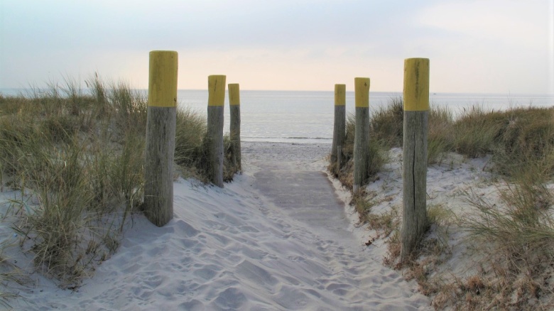 Ein Übergang in den Sanddünen zum Meer im Abendlicht