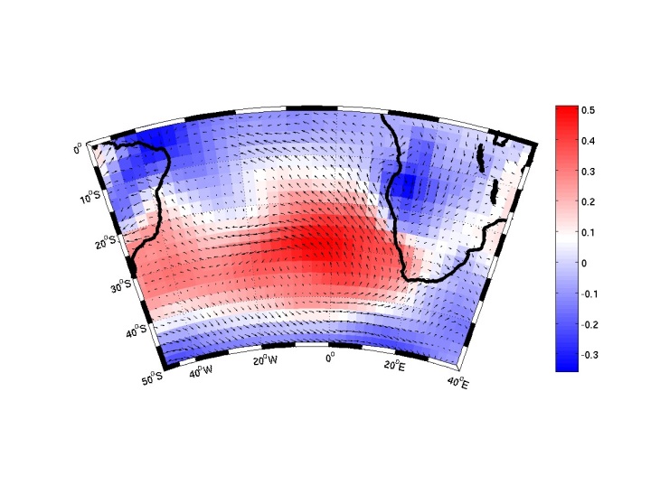 Correlation pattern between upwelling index and sea level
pressure (shaded colours) and upwelling index and wind stress (arrows)
for austral spring (September-November) from 1950 to 2010. (Courtesy of N. Tim)
upwelling Namibia