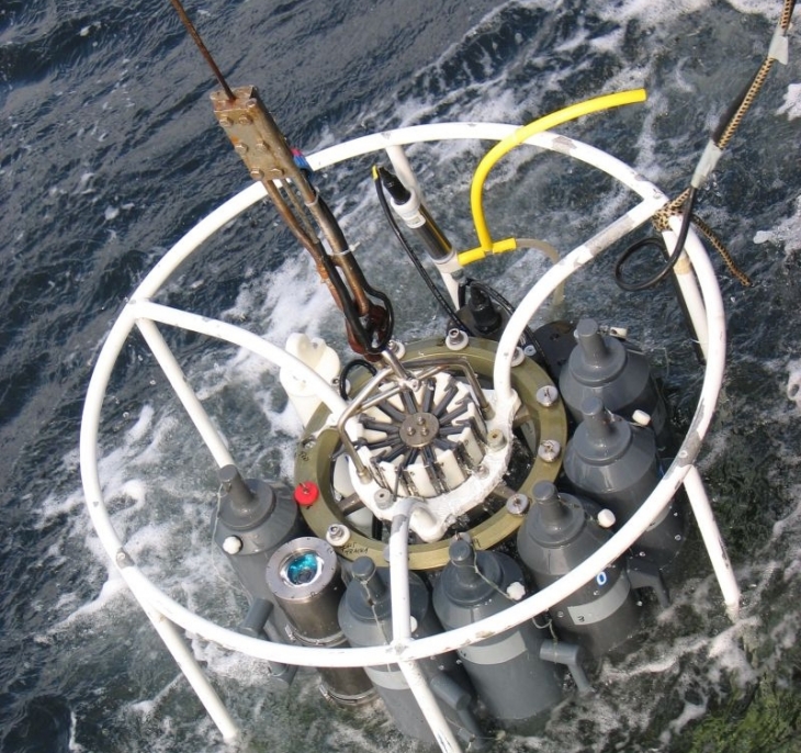 A measurement platform (known as a rosette water sampler) with optical and other instruments is deployed in the water. <i>-image: Hereon-</i> Frame