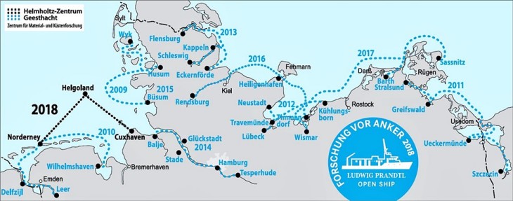 Die drei Anlaufstellen der PRANDTL: Norderney, Helgoland und Cuxhaven. Karte Forschung vor Anker: Die drei Anlaufstellen der PRANDTL: Norderney, Helgoland und Cuxhaven.