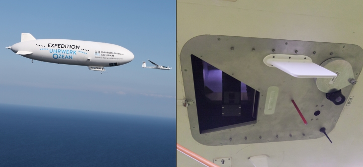 Zeppelin NT, der Motorsegler <i>Stemme</i>, und die unter dem Zeppelin montierte Infrarotkamera. <i>-Bild: HZG & Janine Martin-</i> Image IR Kamera Zeppelin