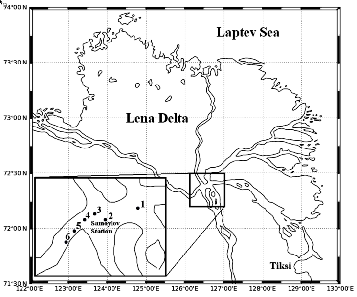 Beobachtungsgebiet und Probenetnahmepunkte im Lena-Delta.. <i>-Bild: Örek, H., Doerffer, R., Röttgers, R., Boersma, M., and Wiltshire, K. H.: Contribution to a bio-optical model for remote sensing of Lena River water, Biogeosciences, 10, 7081-7094, https://doi.org/10.5194/bg-10-7081-2013, 2013. CC BY 3.0-</i> Image Lena Delta.png