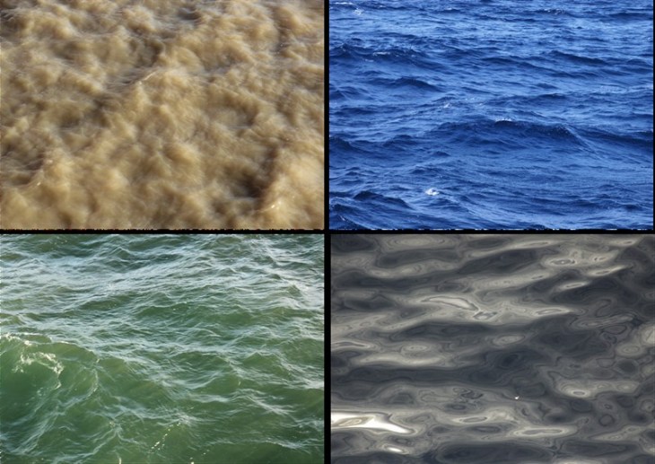 Unterschiedliche Farben des Ozeans: Es gibt sehr trübes und stark streuendes Wasser in Mündungsgebieten, tiefblaues Atlantikwasser, Nordseewasser mit viel Phytoplankton und Fälle, in denen eine "Farbkodierung" kaum möglich ist. <i>-Bild: HZG/Martin Hieronymi-</i> Image Ocean Colours