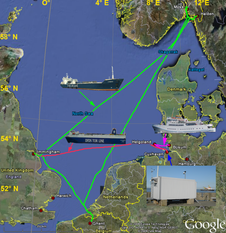 <i>FerryBox</i> routes operated at Hereon in the North Sea. <i>-Image: Wilhelm Petersen/Hereon-</i> FerryBox routes operated at Hereon in the North Sea. -Image: Wilhelm Petersen/Hereon-