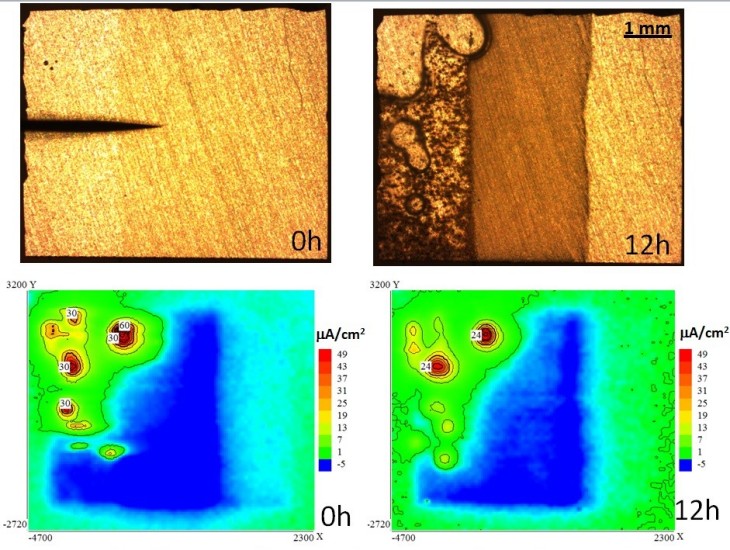 Laser welded aluminium alloy exposed to 0,05M NaCl electrolyte for 12 hours. The feature in the central left side of the 0h optical image is the SVET probe. Photo: HZG Research Line B1