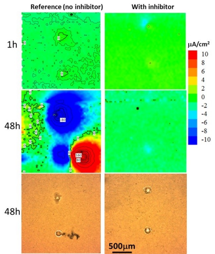 SVET measurement of AZ91 alloy with or wothout corrosion inhibitor incorporated in PEO layer sealed with sol-gel thin coating.