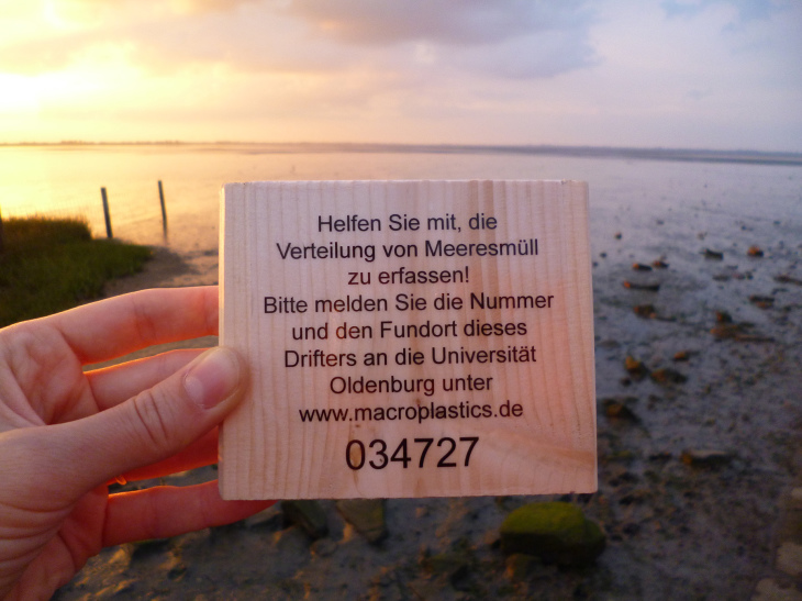 Wer die Holztäfelchen des Projekts "Makroplastik" findet, kann dies über die Projektwebseite melden. Foto: Universität Oldenburg 096 Holzschiffchen Katharina Stephan Icbm